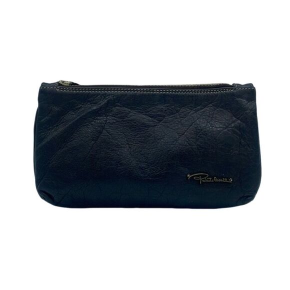 Roberto Cavalli Zip Top Pouch Bag Brown Leather Small Minimalist - Picture 4 of 14